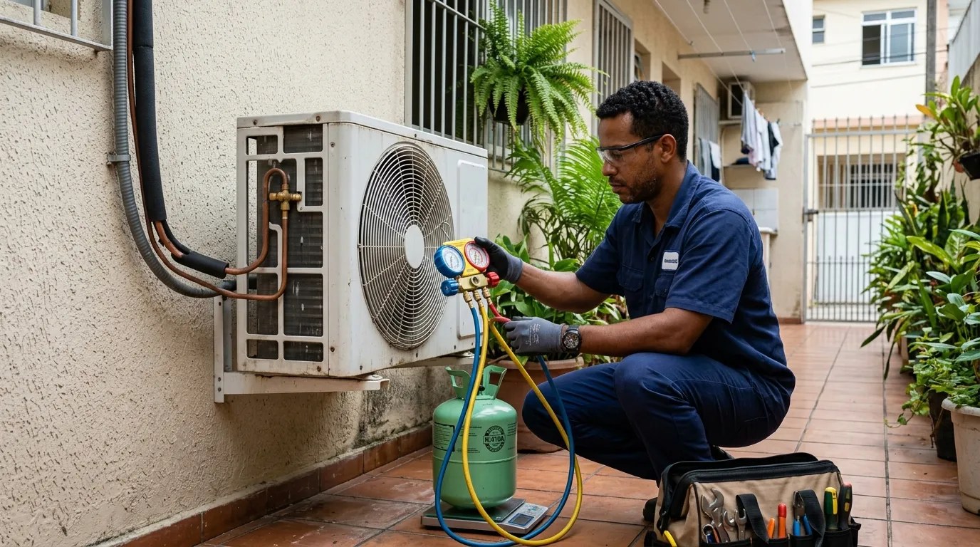 Técnico fazendo carga de gás na condensadora do ar-condicionado em Campo Grande‑MS