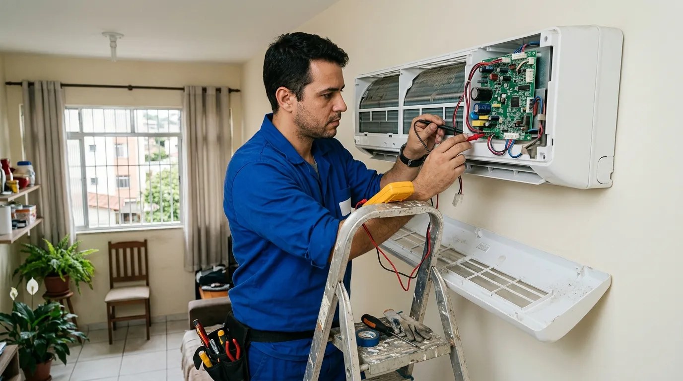 Técnico trocando a placa eletrônica de ar-condicionado split em Campo Grande‑MS