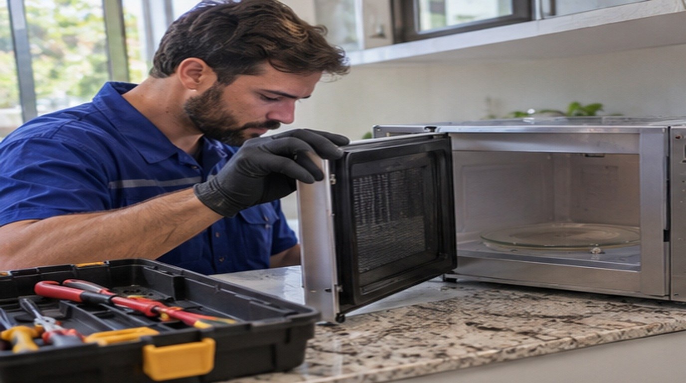 Conserto de micro-ondas em Campo Grande‑MS: técnico abrindo um micro-ondas de bancada