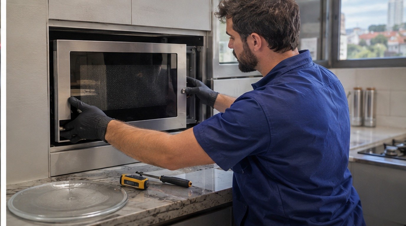 Conserto de micro-ondas de embutir em Campo Grande‑MS: técnico encaixando o aparelho no armário