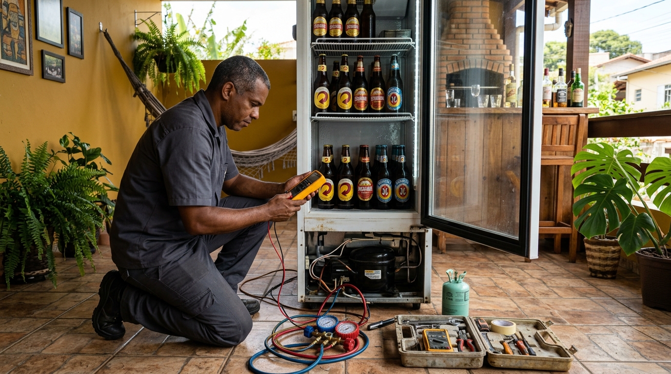 Placa eletrônica de cervejeira em reparo na bancada no Centro, Campo Grande‑MS