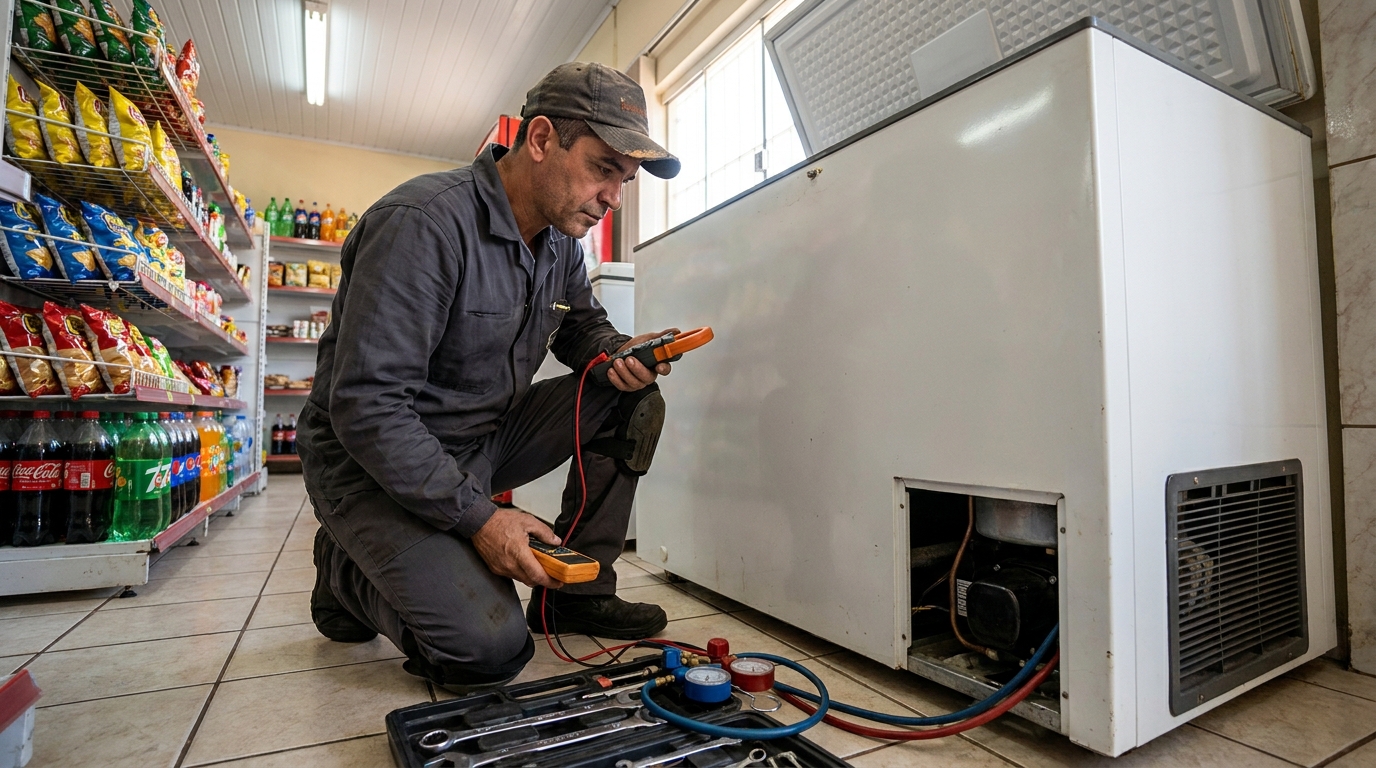 Reparo da placa eletrônica de um freezer em atendimento no Aero Rancho, Campo Grande‑MS