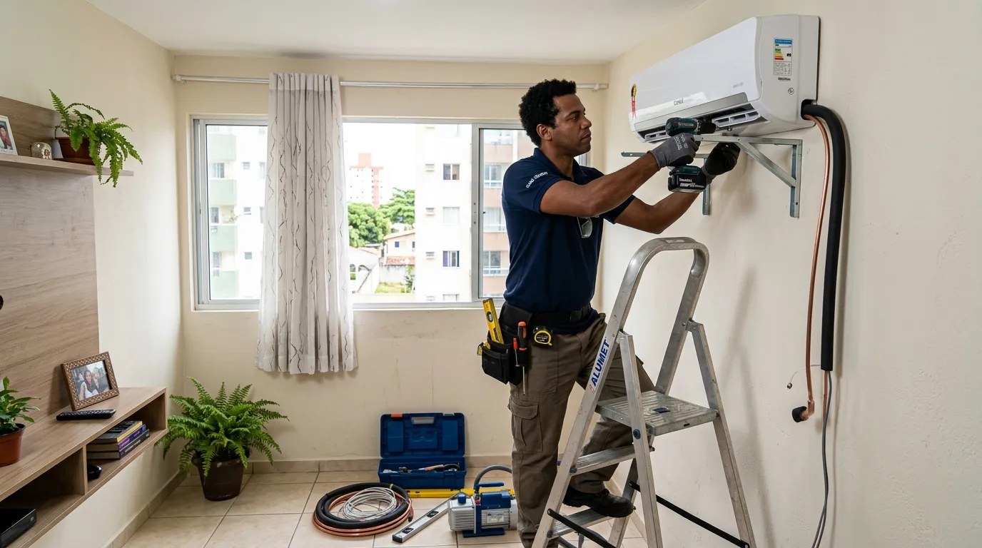 Técnico instalando ar-condicionado split em residência em Campo Grande‑MS
