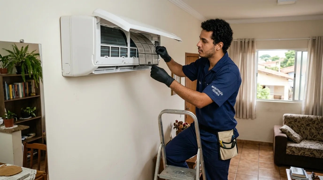 Técnico fazendo limpeza e higienização de ar-condicionado split em Campo Grande‑MS