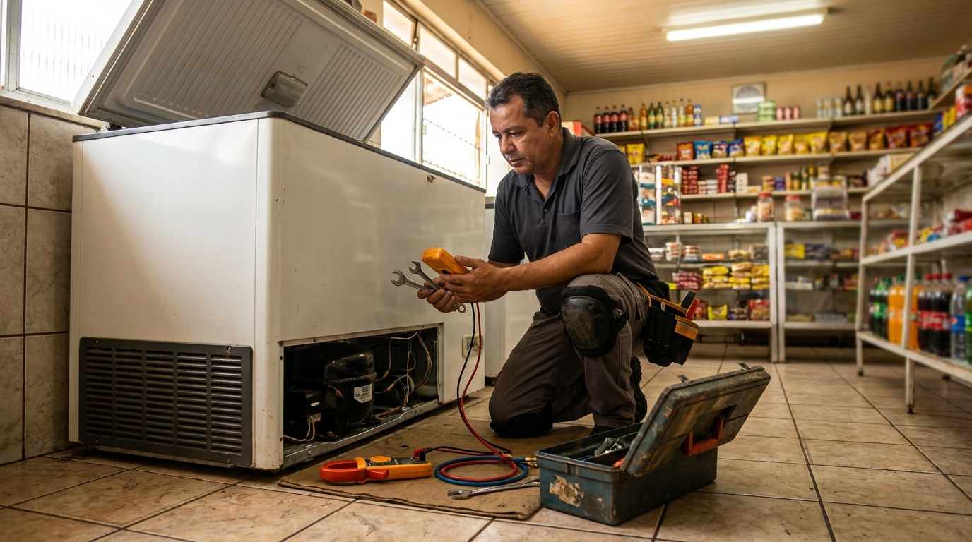 Técnico reparando o motor de um freezer horizontal no Aero Rancho, Campo Grande‑MS