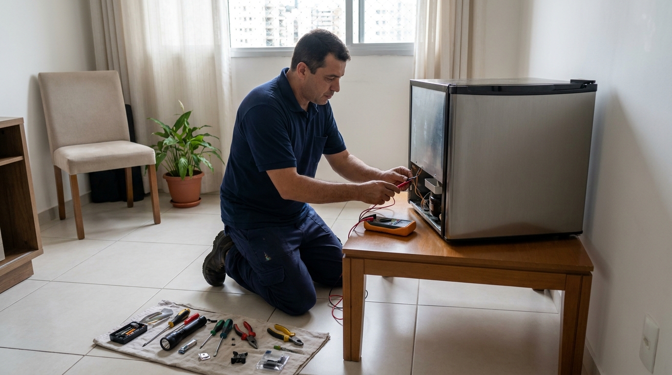 Técnico revisando o motor de um frigobar no Amambaí, Campo Grande‑MS