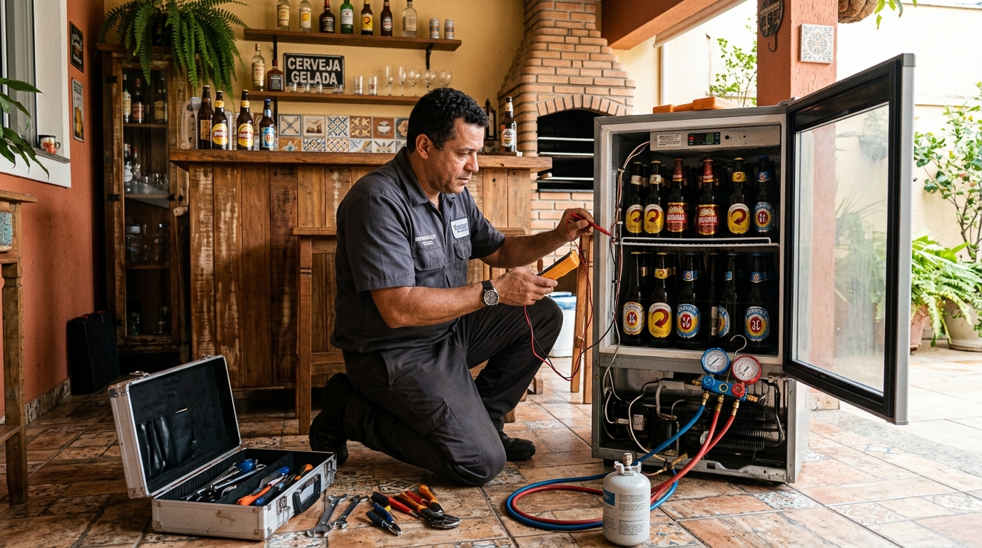 Recarga de gás no circuito de refrigeração de uma cervejeira no Centro, Campo Grande‑MS