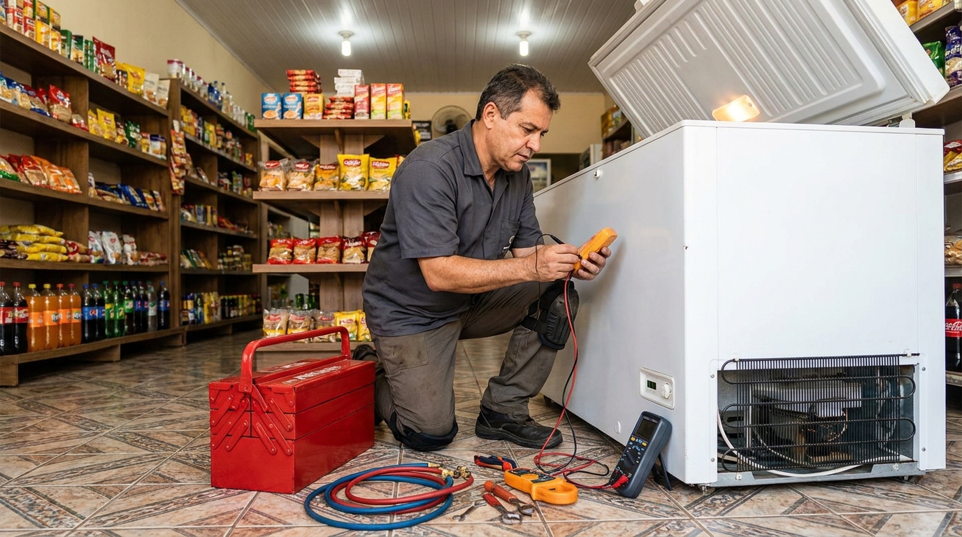 Manômetro conectado ao circuito durante recarga de gás de freezer no Aero Rancho, Campo Grande‑MS