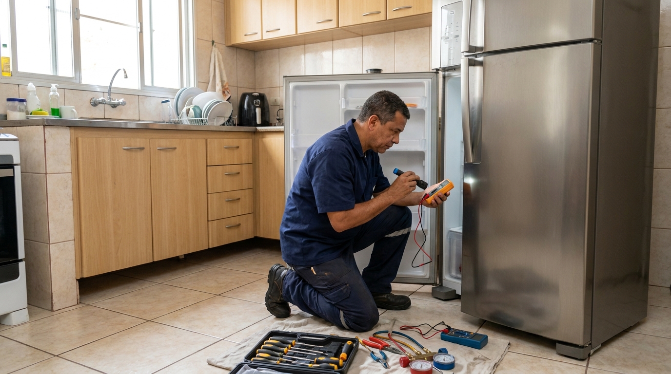 Técnico fazendo recarga de gás em geladeira de cliente na Cabreúva, Campo Grande‑MS