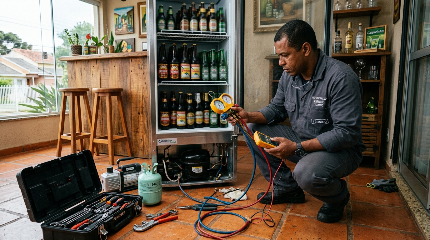 Técnico conferindo a temperatura de uma cervejeira durante atendimento no Centro, Campo Grande‑MS