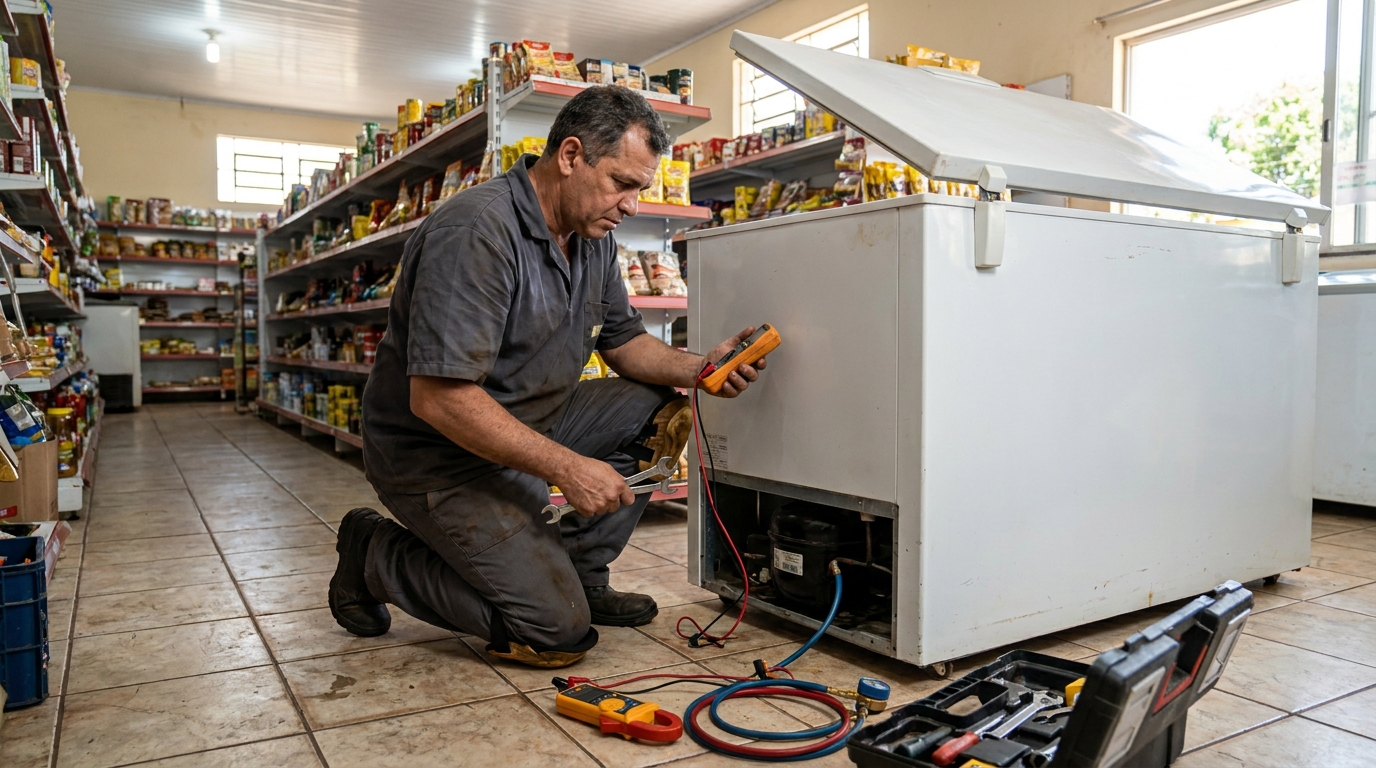 Substituição do termostato de um freezer durante visita técnica no Aero Rancho, Campo Grande‑MS